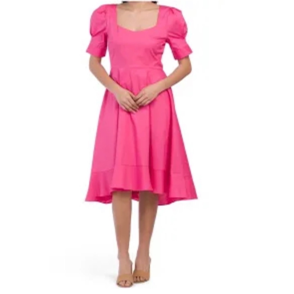 BCBGeneration pink puff sleeve calf daytime midi dress